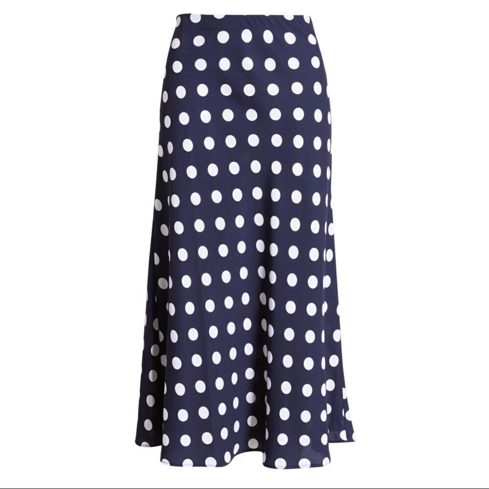 Halogen Bias Cut A-Line Skirt In Navy & White Polka Dot